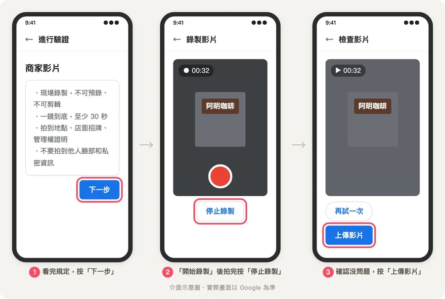 手機影片驗證三步驟：選商家影片、按開始錄製拍攝、確認後按上傳影片