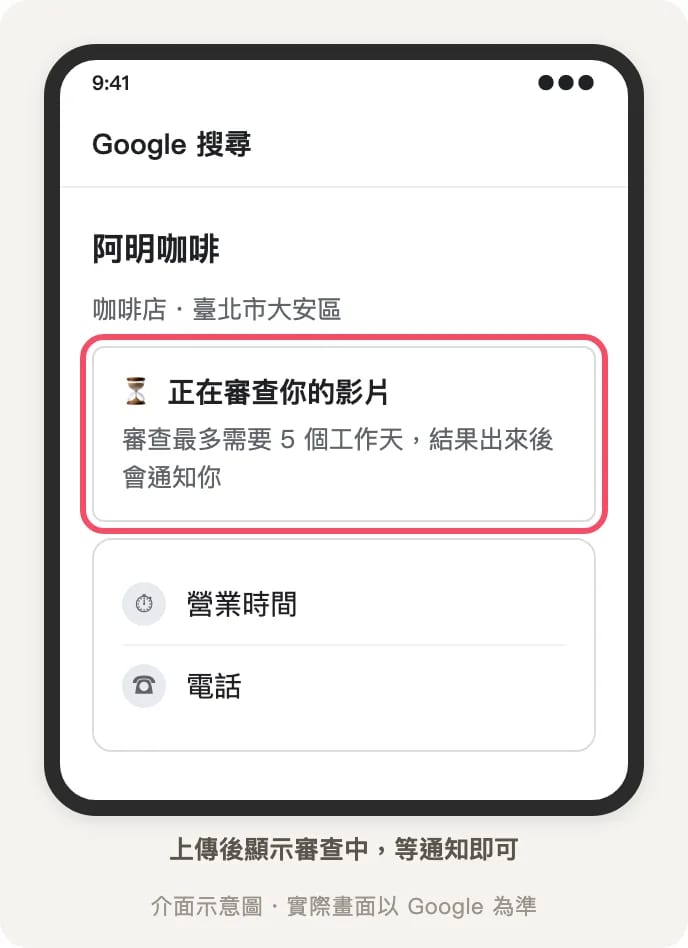 商家檔案顯示影片正在審查中的提示，說明審查最多需要 5 個工作天